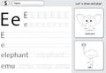 Cartoon elephant and emu. Alphabet tracing worksheet: writing A-Z and educational game for kids