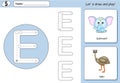 Cartoon elephant and emu. Alphabet tracing worksheet Royalty Free Stock Photo