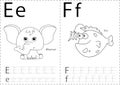 Cartoon elephant and fish. Alphabet tracing worksheet: writing A Royalty Free Stock Photo