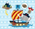 Cartoon of elephant the pirate on sailboat on fishes striped background Royalty Free Stock Photo