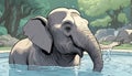 A cartoon elephant in a pool of water