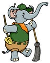cartoon elephant zookeeper sweeping the zoo
