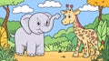 Cute Elephant and Giraffe Cartoon Friends in a Lush Jungle Setting Royalty Free Stock Photo