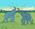 Cartoon elephants playing with butterflies outline