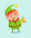 Cartoon Elf Close Mouth by Hand in Mittens Vector