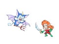 Funny cartoon demon and elf girl with the sword fighting cartoon art on a white background Royalty Free Stock Photo