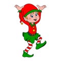 Cartoon elf. Smiling Elf is waving hands. Smiling character gnome in costume isolated on white background. Cute vector Royalty Free Stock Photo