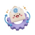 Cartoon email envelope with a happy face on a gear with arrows indicating a process flow loop Royalty Free Stock Photo