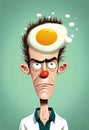 Cartoon of an embarrassed humiliated man showing the meaning of the phrase \'with egg on your face