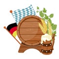 Cartoon emblem with glasses of beer, wooden barrel. Isolated on white background.