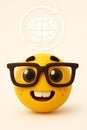 cartoon emoji with glasses and a rotating brain above, symbolizing creativity, thinking, and idea generation with a cheerful Royalty Free Stock Photo