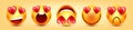 Cartoon emoji with hearts, emoticons collection. Yellow face with emotions, mood. Facial expression, realistic emoji