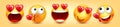 Cartoon emoji with hearts, emoticons collection. Yellow face with emotions, mood. Facial expression, realistic emoji