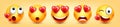 Cartoon emoji with hearts, emoticons collection. Yellow face with emotions, mood. Facial expression, realistic emoji