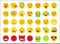 Cartoon emoji. Yellow and red evil round smiley, fun and sad facial emotion clipart. Online messenger sticker. Smile