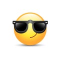 Cartoon emoticon wearing black sunglasses. Happy cute vector emoji.