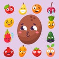 Cartoon emotions fruit characters natural food vector smile nature happy expression juicy mascot tasty design.