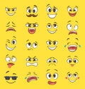 Cartoon emotions with funny faces with big eyes and laughter. Vector emoticons on yellow background