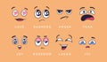 Cartoon emotions. Love, joy and anger, sadness and laughter, boredom and laughter, cry. Funny characters face vector