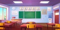 Cartoon empty classroom interior with blackboard, wooden tables and chairs