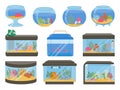 Cartoon empty glass aquarium tanks with decorations, sand and plants. Square and sphere fish bowls and container. Home