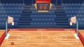 Cartoon empty hall field to play basketball team game, hoop for balls and seats for fan sector spectators, timer