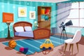 Cartoon empty kid boy bedroom with bed, telescope and bookshelf Royalty Free Stock Photo