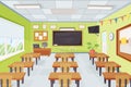 Cartoon empty school classroom interior with desks and chalkboard. Elementary class with furniture teacher table