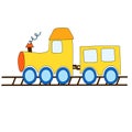 Cartoon engine, wagon, wheels and railway for child. TCute icon for holiday, birthday and shop. Vector