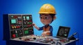 a cartoon engineer wearing a hard hat works on a complex control panel with a laptop displaying a circuit diagram on a blue backgr Royalty Free Stock Photo