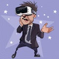 Cartoon enthusiastic man in glasses of virtual reality