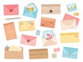 Cartoon envelopes. Flat envelope, pen or pencil for hand lettering. Paper letter with branches, cute cards for post and