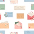 Cartoon envelopes texture. Envelope and letter, post seamless pattern. Scandinavian flat postal service, delivery