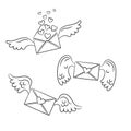 Cartoon envelopes with wings and hearts on the white background.