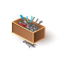 Wooden tool box with instruments
