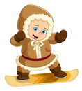 Cartoon eskimo boy playing snowboard