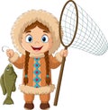 Cartoon eskimo girl catching a fish with net