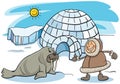 Cartoon Eskimo or Lapp with igloo and walrus Royalty Free Stock Photo
