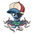 Cartoon evil cyborg octopus character wearing his cap, pirate patch and military uniform. Illustration for fantasy, science