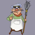 Cartoon evil male janitor with a broom in hand