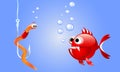 Cartoon evil red fish looking at a worm on a fishing hook underwater with bubbles. Royalty Free Stock Photo