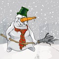 Cartoon evil scary snowman with broom in hands