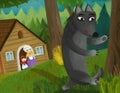 Cartoon evil wolf spying near wooden house illustration