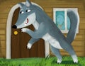 Cartoon evil wolf spying near wooden house illustration