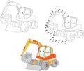 Cartoon excavator. Vector illustration. Coloring and dot to dot