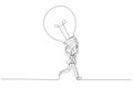 Cartoon of excited businessman carrying big lightbulb idea running to invent new product. Big idea. One continuous line art style