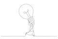 Cartoon of excited muslim businesswoman carrying big lightbulb idea running to invent new product. Big idea. Single continuous