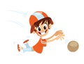 Cartoon excited smiling boy vector character trying to catch ball