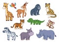 Cartoon Exotic Animal. Safari Animals, Monkey, Lion And Giraffe. Zoo Life, Garish Exotic Wild Cute Characters. Baby
