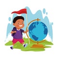 Cartoon explorer boy with a flag and geography tool